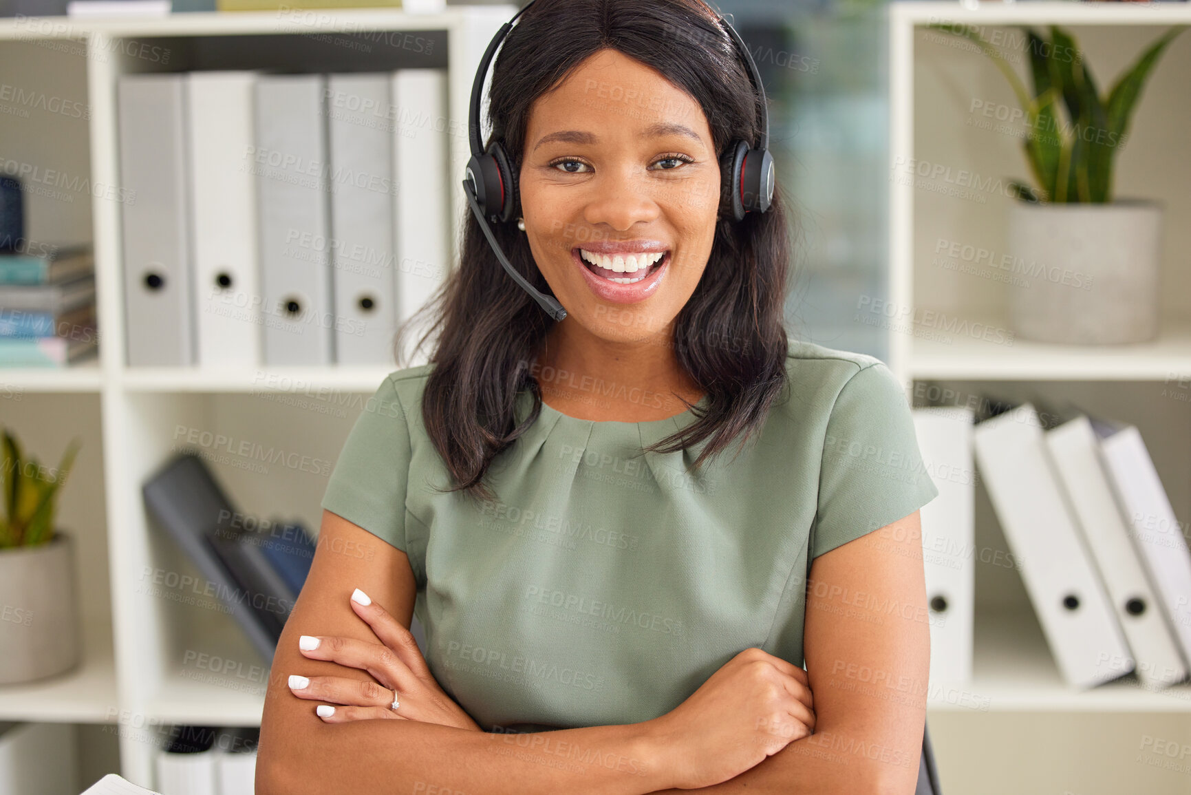 Buy stock photo Portrait, customer service and help with a black woman consulting using a headset in an office at work. Contact us, crm and assistance with a female consultant, agent or receptionist ready to support