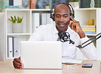 Laptop, headphones and black man with microphone for podcast, recording or live streaming in office. Business, computer and male entrepreneur or influencer with mic for content creation or radio host