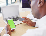 Phone, credit card and black man with green screen for online shopping, advertising or marketing in office. Mockup branding, ecommerce and male with mobile for fintech, payment or digital banking.