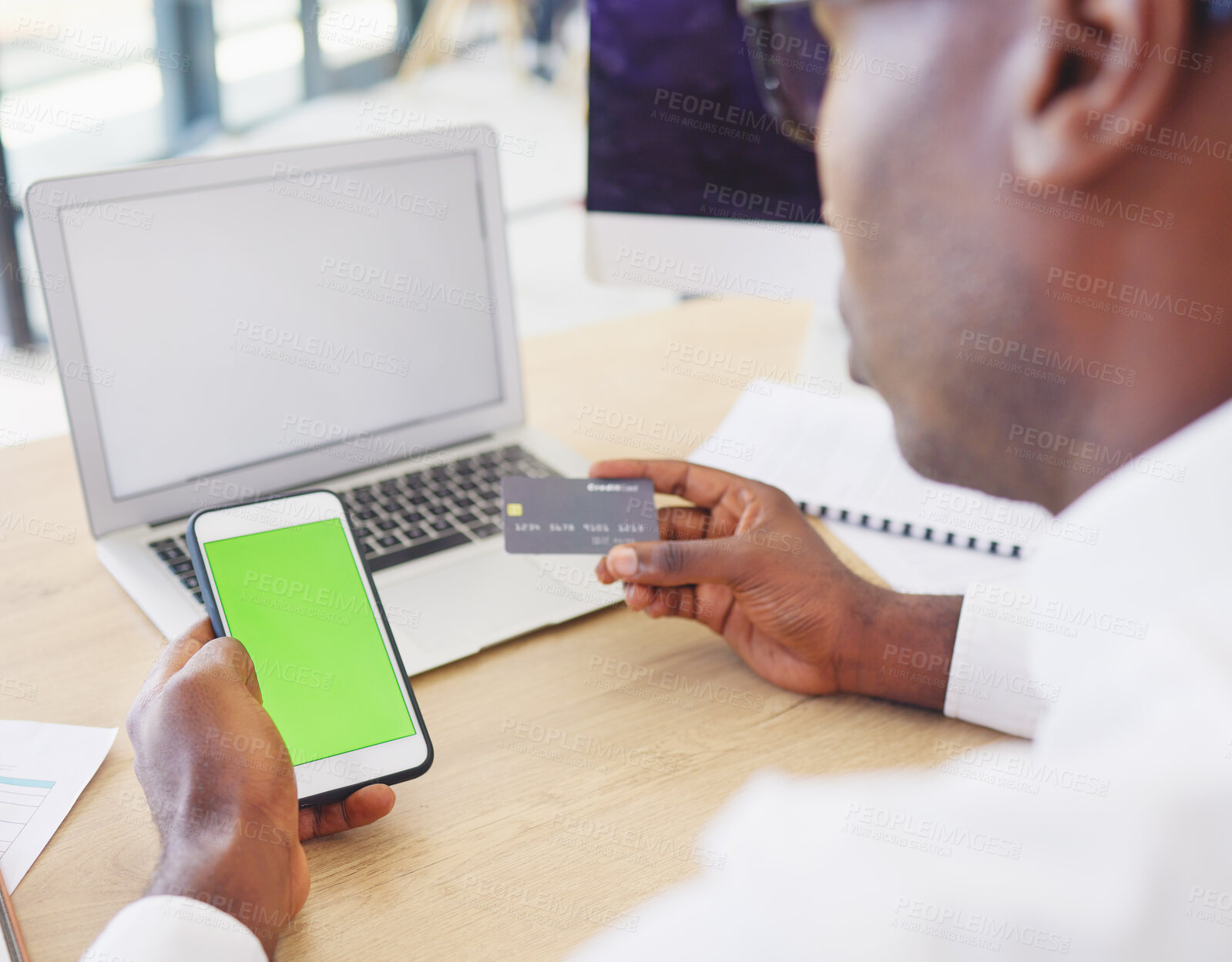 Buy stock photo Phone, credit card and black man with green screen for online shopping, advertising or marketing in office. Mockup branding, ecommerce and male with mobile for fintech, payment or digital banking.