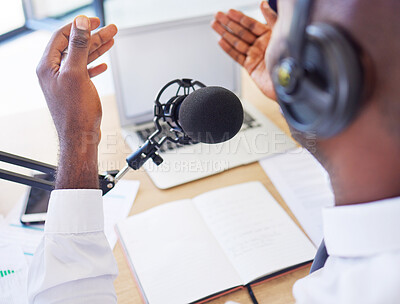 Buy stock photo Laptop, headphones and black man with microphone for podcast, video call or live streaming in office. Business, marketing and entrepreneur or influencer with mic for content creation or radio host.