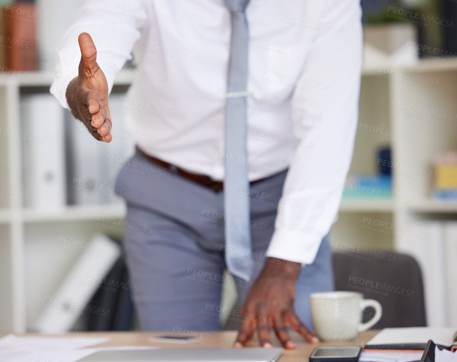 Buy stock photo Opportunity, welcome and black man with a handshake in office for recruitment, onboarding or hiring. Partnership, collaboration and professional shaking hands for contract, agreement or business deal