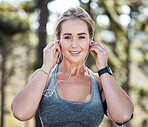Fitness, woman and portrait smile stretching arms for exercise, start or  workout in nature. Happy and fit female smiling in warm up arm stretch for  training preparation or healthy wellness outdoors