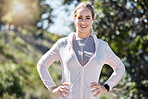 Fitness, woman and portrait smile with earphones ready for exercise, start or workout in nature. Happy, active and fit female smiling and listening to music for training or healthy wellness outdoors