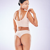 Cellulite Butt Underwear Model Black Woman Studio Gray Background