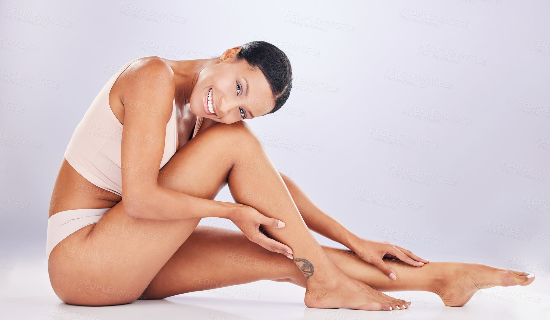 Buy stock photo Body, legs and portrait of woman for beauty and skincare in studio for healthy lifestyle. Happy female on a white background for health, wellness and epilation or shaving self care for smooth skin