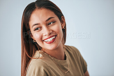 Buy stock photo Woman, smile and happiness of a gen z female in a studio with gray background. Isolated, happy and beauty from a young person feeling carefree, relax youth and confidence with female empowerment