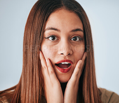 Buy stock photo Shock, expression and portrait of a woman with a reaction isolated on a white background in a studio. Wow, unexpected and face of a girl expressing surprise, amazement and fear emotion on a backdrop