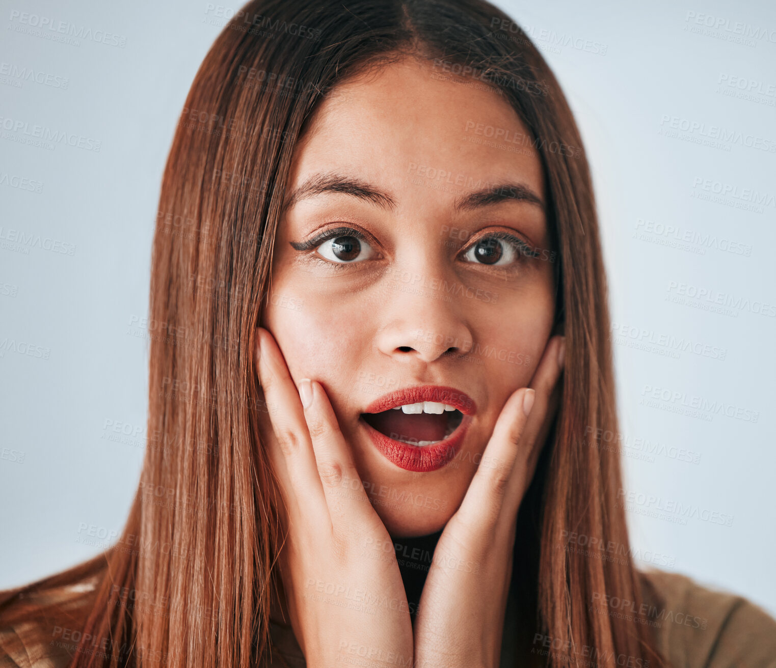 Buy stock photo Shock, expression and portrait of a woman with a reaction isolated on a white background in a studio. Wow, unexpected and face of a girl expressing surprise, amazement and fear emotion on a backdrop