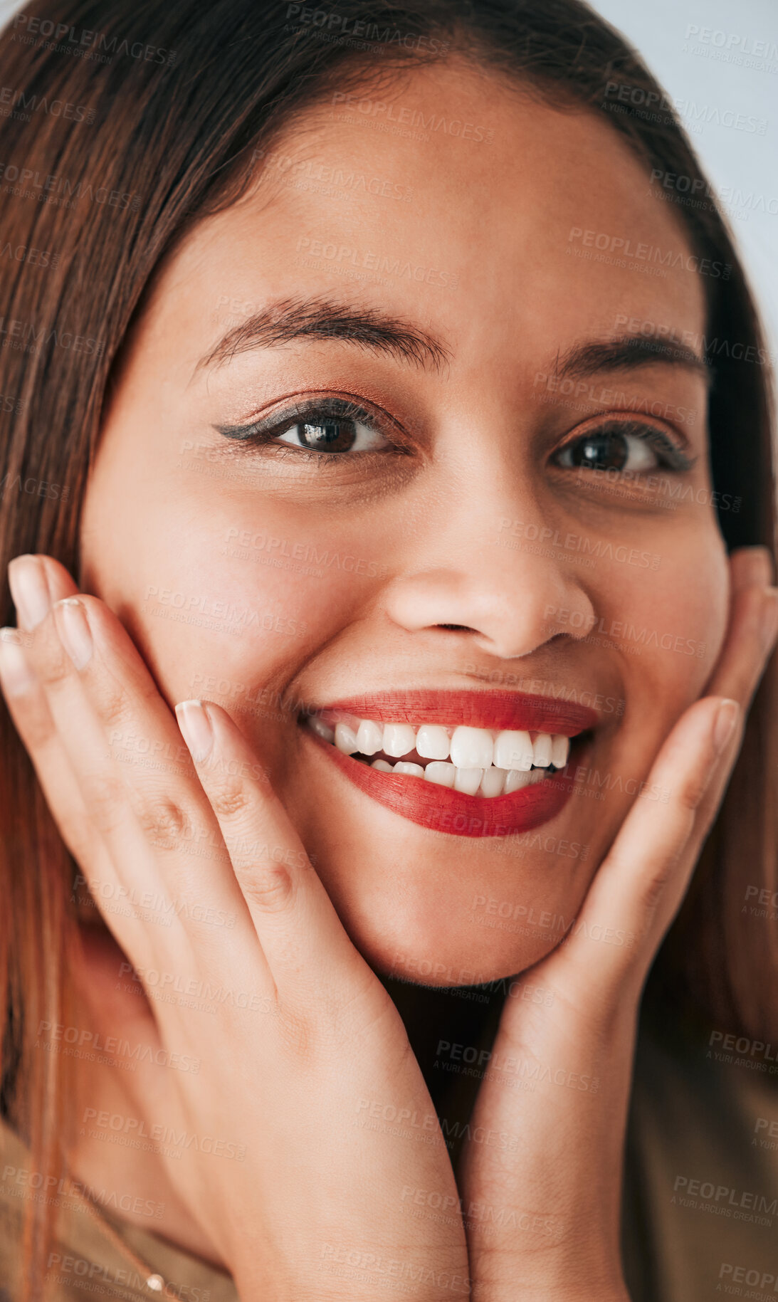 Buy stock photo Face closeup, woman smile and makeup of a gen z, youth and female model with cosmetics. Portrait, happiness and beauty of a young person with skin textures and cosmetic care with happy self love