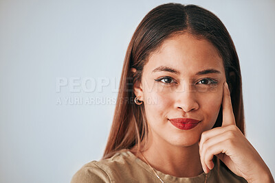 Buy stock photo Thinking, woman portrait and happy face closeup of a young female with decision and mockup. Isolated, studio background and contemplation person with creative strategy idea feeling thoughtful