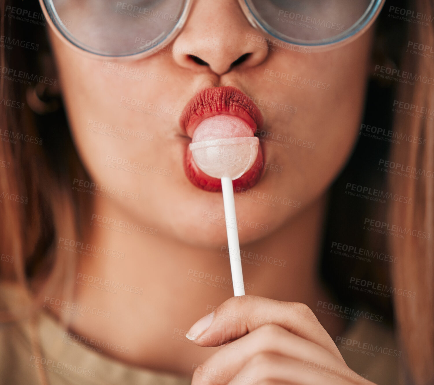 Buy stock photo Lollipop, woman and lips with lipstick, cosmetics and gen z style eating a sweet candy. Mouth, young person and food with makeup aesthetic and a hungry female model with sweets, dessert and product