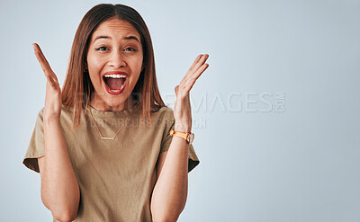 Buy stock photo Happy, wow and portrait of woman in studio for good news, surprise and announcement on grey background. Face, emoji and female excited for deal, sale or promotion, omg and open mouth while isolated