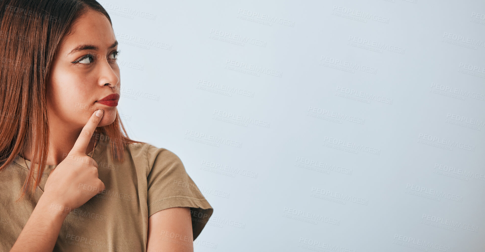 Buy stock photo Thinking, woman and space for idea in studio with 
advertising or product placement mockup. Face of female on white background doubt or planning logo and brand decision or sale promotion announcement