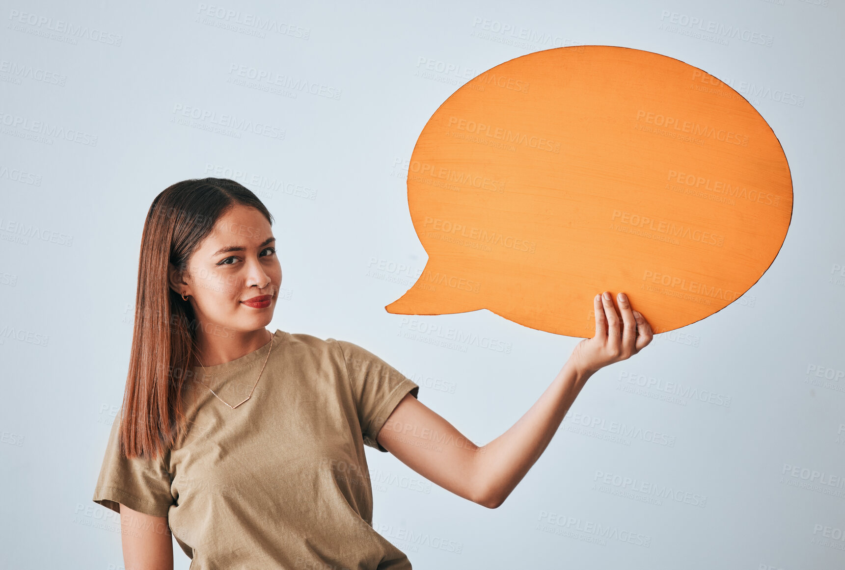 Buy stock photo Speech bubble, smile and portrait of woman in studio isolated on a white background. Social media, poster and happy girl with billboard for voice, opinion or branding, marketing or advertising space.