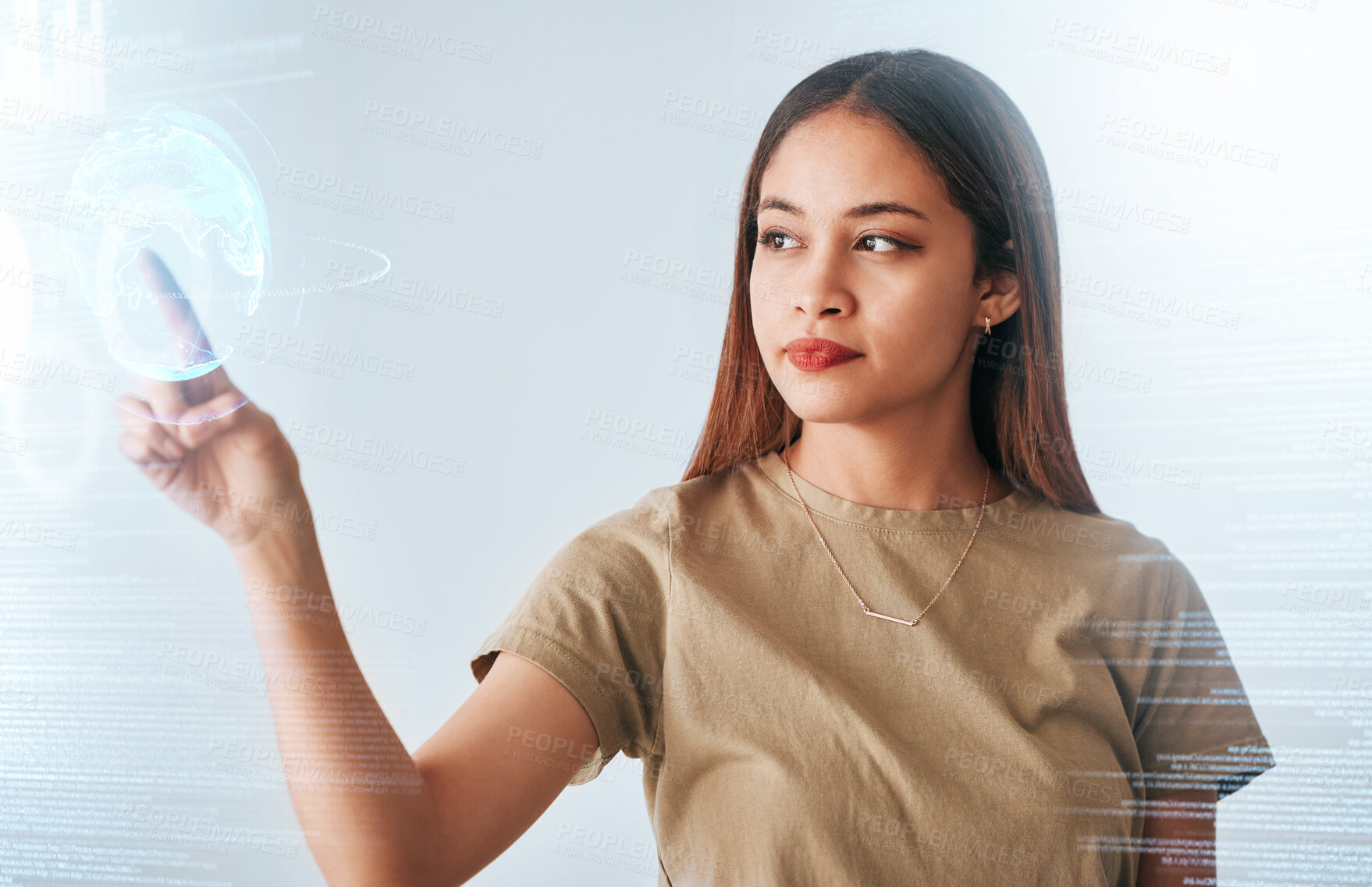 Buy stock photo Hologram screen, earth and business woman with digital data feeling serious in a office. Employee, world graphic and global web information of a female planning with international stock market info