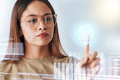 Buy stock photo Hologram screen, coding and business woman with digital data feeling serious in a office. Employee, earth graphic and global web information of a female planning with international stock market info
