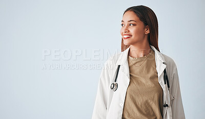 Buy stock photo Idea, woman and smile of doctor in studio isolated on a white background mockup. Thinking, healthcare and happy, confident and proud medical professional, surgeon or female physician for wellness.