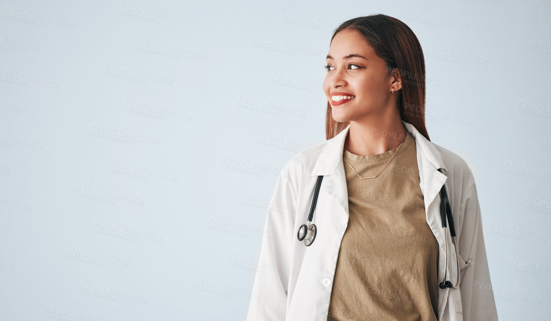 Buy stock photo Idea, woman and smile of doctor in studio isolated on a white background mockup. Thinking, healthcare and happy, confident and proud medical professional, surgeon or female physician for wellness.