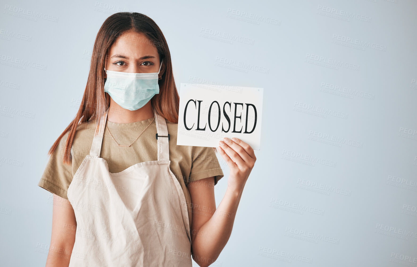 Buy stock photo Woman, closed sign and face mask for covid in studio for announcement isolated on white background mockup. Entrepreneur, small business owner and closing poster for pandemic with portrait of waitress
