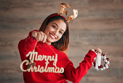 Buy stock photo Christmas sign, happiness and woman portrait with xmas and festive season decorations. Wow, excited and isolated female with holiday celebration and a smile from winter celebrating and youth