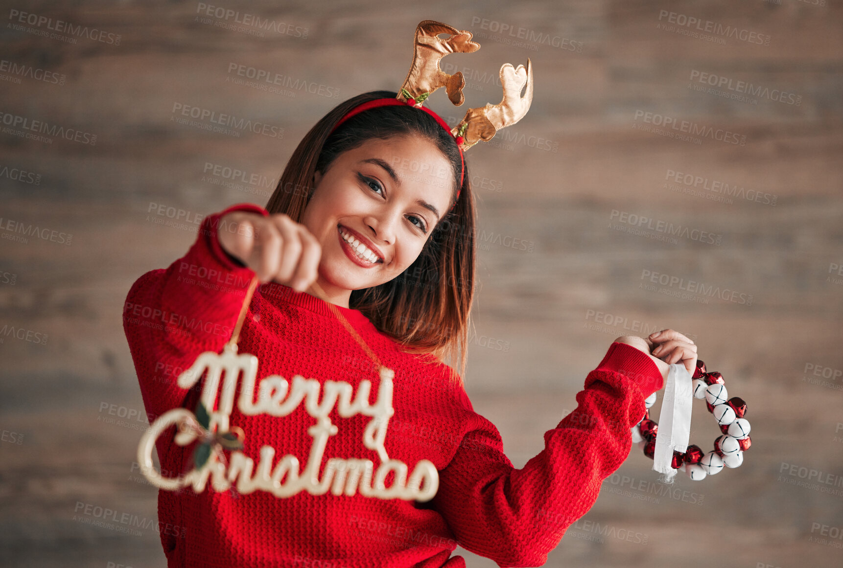 Buy stock photo Christmas sign, happiness and woman portrait with xmas and festive season decorations. Wow, excited and isolated female with holiday celebration and a smile from winter celebrating and youth