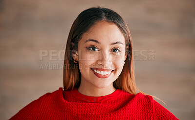 Buy stock photo Woman, smile and happiness portrait of a gen z female with positivity and excited. Isolated, happy and proud of a young person feeling carefree, youth and confidence with motivation and smiling
