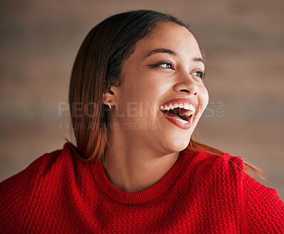 Buy stock photo Woman, laugh and happiness of a gen z female with motivation and comedy. Isolated, happy and excited smile from a young person feeling carefree, youth and confidence with laughter from funny joke