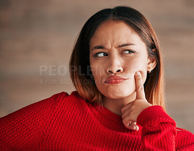 Buy stock photo Thinking, woman and wondering face closeup of a young female with decision and choice. Planning, solution and contemplation of a person with focus and creative strategy idea feeling thoughtful