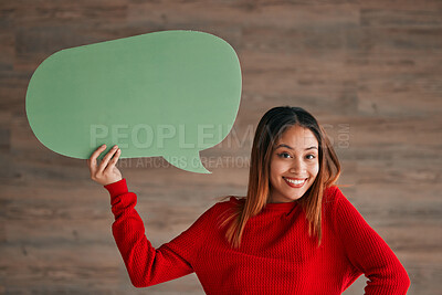 Buy stock photo Business woman, speech bubble and portrait by wall with happiness, opinion and social media in workplace. Businesswoman, paper and poster for news, announcement and happy with sign, vote and voice