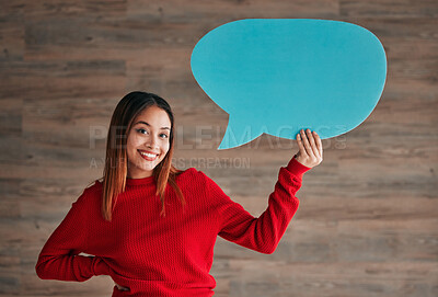 Buy stock photo Business woman, speech bubble and smile by wall in portrait with opinion, social media mockup and workplace. Businesswoman, paper and poster for news, announcement and happy with sign, vote and voice