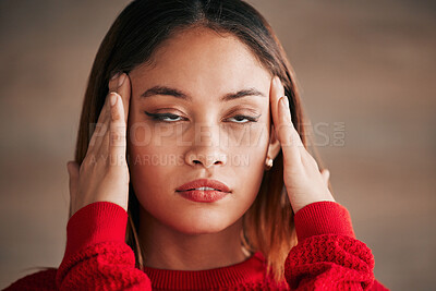Buy stock photo Headache, annoyed and business woman face feeling bored and frustrated from work. Employee, young female and migraine of a worker with a head massage and eye roll with blurred background and stress