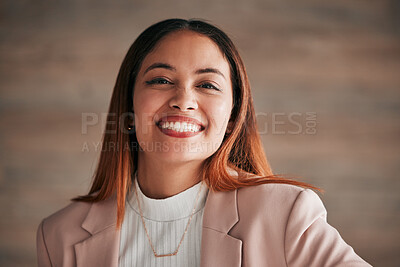 Buy stock photo Business woman, happy smile and portrait of an employee with happiness and joy ready for work. Corporate, young female and lawyer worker feeling proud, joy and confident from law firm and company job