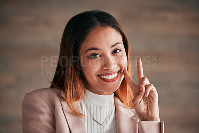 Buy stock photo Happy woman, face and portrait smile with peace sign in joy for business career, job or fun occupation on mockup. Beautiful female smiling with hand sign, emoji or peaceful symbol on copy space