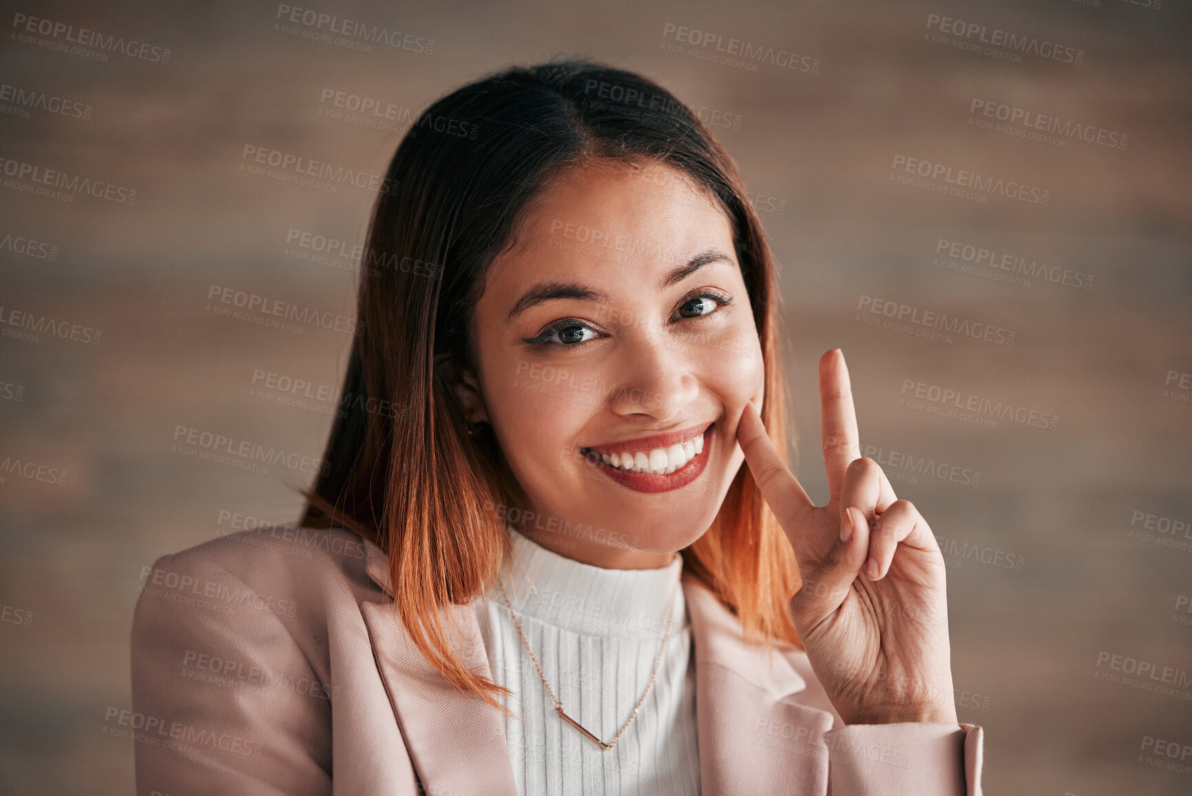 Buy stock photo Happy woman, face and portrait smile with peace sign in joy for business career, job or fun occupation on mockup. Beautiful female smiling with hand sign, emoji or peaceful symbol on copy space