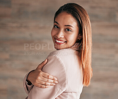 Buy stock photo Happy, beautiful and portrait of a woman on a wall at work with confidence, happiness and pride. Smile, content and executive employee working in corporate, professional business and management