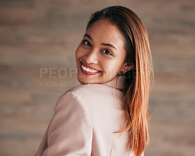 Buy stock photo Business woman, smile and portrait of an employee with happiness and joy ready for work. Corporate, young female and lawyer worker feeling happy, joy and confident from law firm and company job