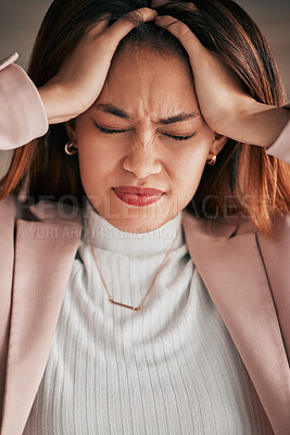 Buy stock photo Headache, pain and business woman face feeling stress and frustrated from work. Employee, young female and migraine of a tired worker with a mental health problem and company burnout in a office 