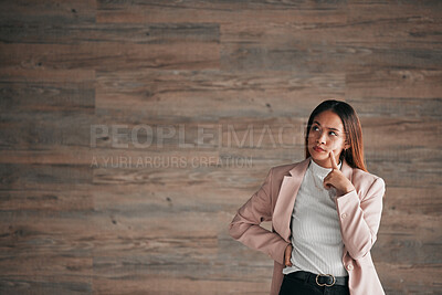 Buy stock photo Thinking, business woman and studio idea for person contemplating plan, solution or problem solving ideas. Brainstorming entrepreneur, thoughtful and mockup entrepreneurship on wooden wall background
