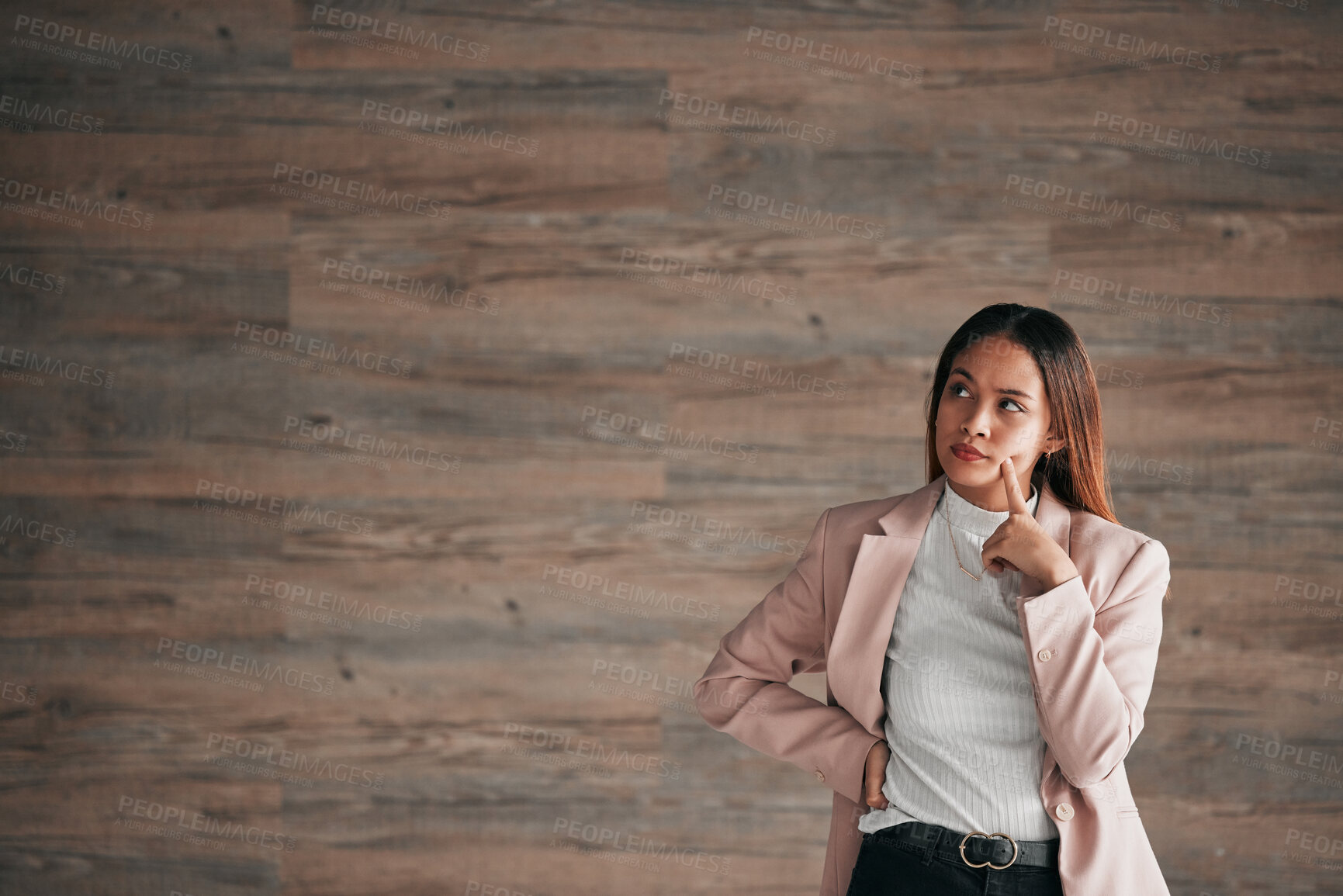 Buy stock photo Thinking, business woman and studio idea for person contemplating plan, solution or problem solving ideas. Brainstorming entrepreneur, thoughtful and mockup entrepreneurship on wooden wall background