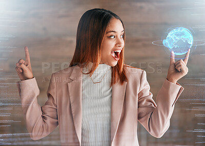 Buy stock photo Happy woman, 3D hologram and world for global communication, futuristic technology or business. Surprised female holding virtual holographic globe idea or solution for digital networking on overlay