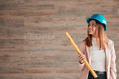 Buy stock photo Architect, woman and smile with level on mockup for measuring balance in construction planning. Happy female contractor, engineer or builder smiling with safety helmet and measure tool on copy space