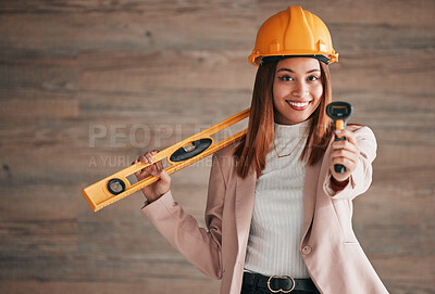 Buy stock photo Architect, business woman and portrait of a property management worker with construction tools. Safety helmet, smile and stud detector for a home renovation project with a happy female employee
