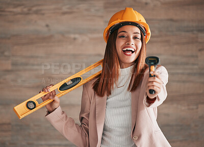 Buy stock photo Engineer, business woman laugh and portrait of a property architect with construction tools. Safety helmet, stud detector and engineering gear for a home renovation project with female employee