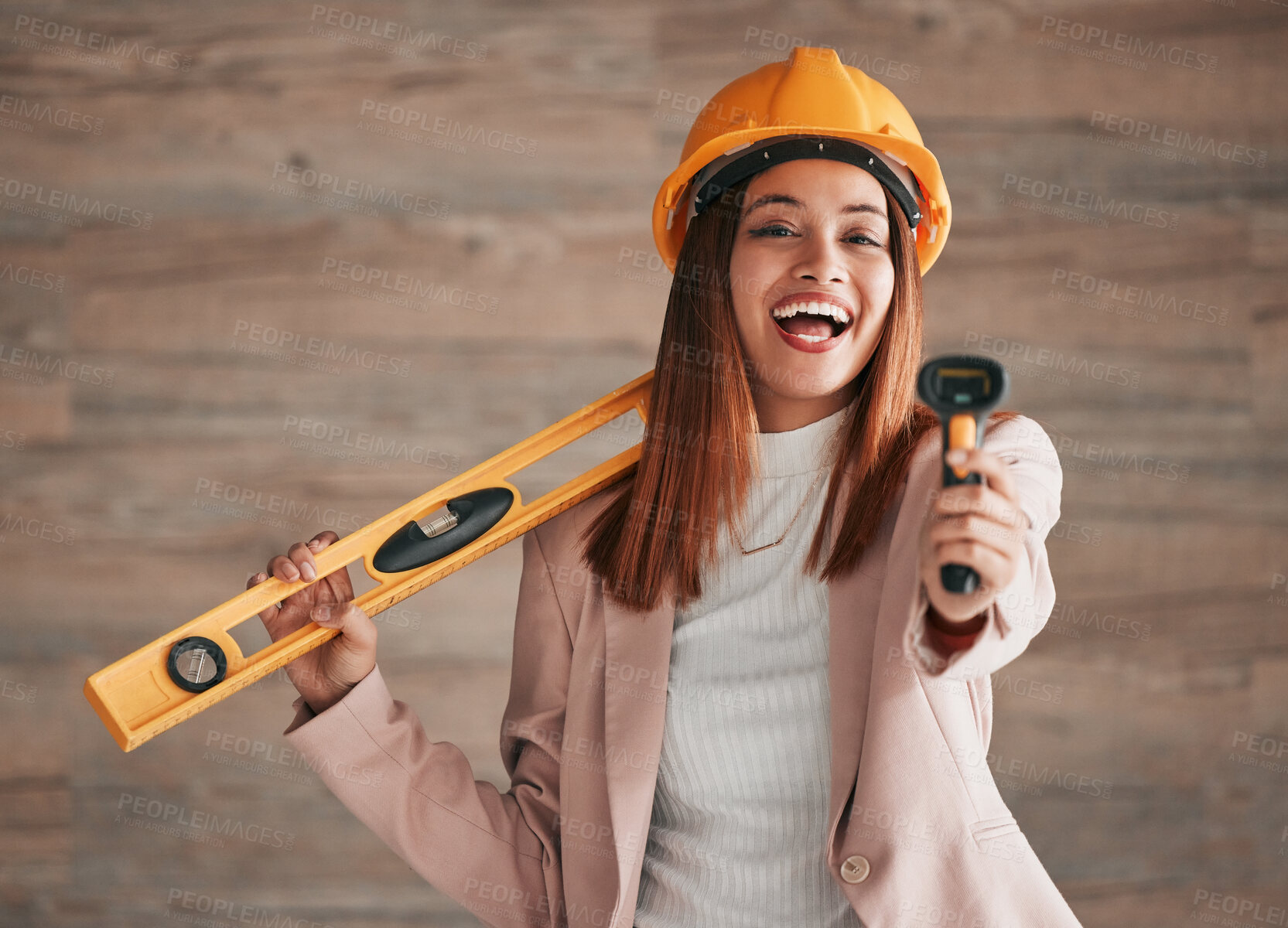 Buy stock photo Engineer, business woman laugh and portrait of a property architect with construction tools. Safety helmet, stud detector and engineering gear for a home renovation project with female employee