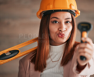 Buy stock photo Engineer pout, business woman and portrait of a property management worker with construction tools. Safety helmet and stud detector for a home renovation project with happy and silly female employee