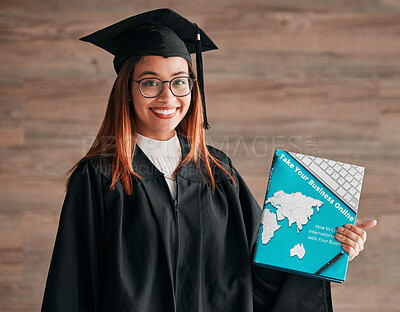 Buy stock photo College graduation, woman and portrait with business textbook of a young student happy. Learning book, happiness and excited female ready for university education with a smile from knowledge