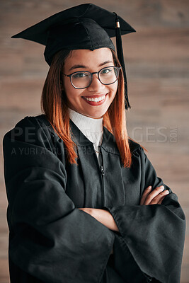 Buy stock photo Graduation cap, proud portrait and woman isolated on wood background happy education, college or scholarship success. Biracial person, university student or graduate with learning knowledge mindset