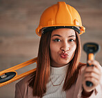 Engineer, business woman and portrait of a property management worker with construction tools. Safety helmet, pout and engineering gear for a home renovation project with a happy female employee