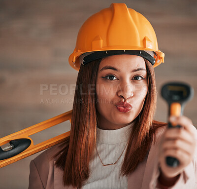 Buy stock photo Engineer, business woman and portrait of a property management worker with construction tools. Safety helmet, pout and engineering gear for a home renovation project with a happy female employee